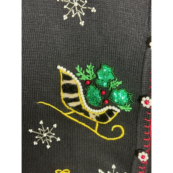Christmas Sweater Embellished Pearls Sequin Black Animal Print Sleighs Sz Large - Picture 6 of 10